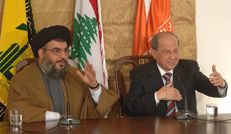 ميشيل عون، الرئيس اللبناني مع حسن نصرالله، زعيم ميليشيات حزب الله اللبناني