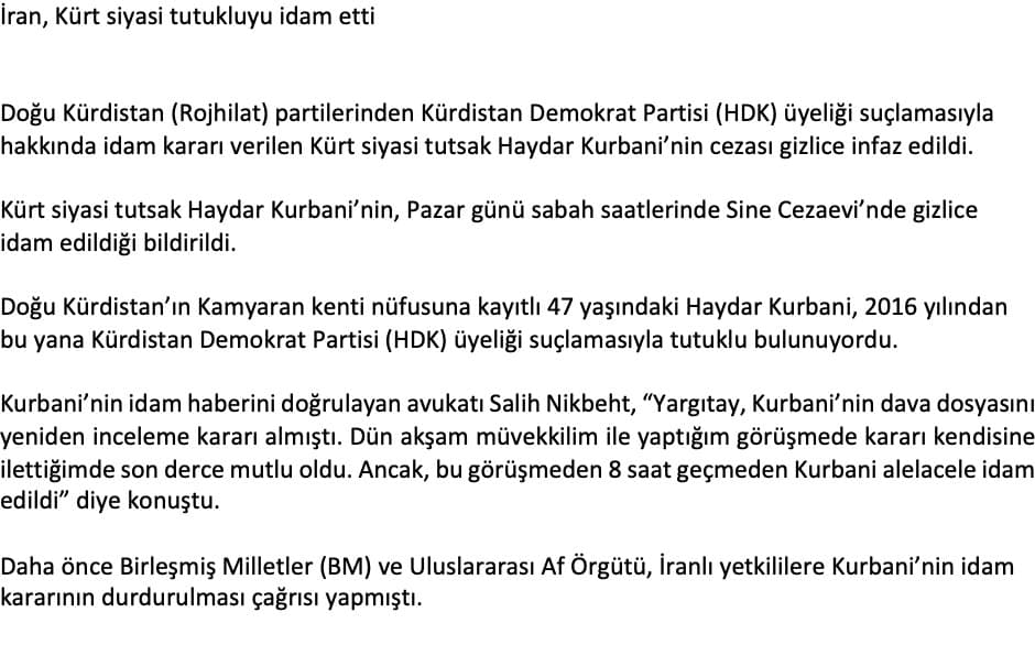 İran, Kürt siyasi tutukluyu idam etti