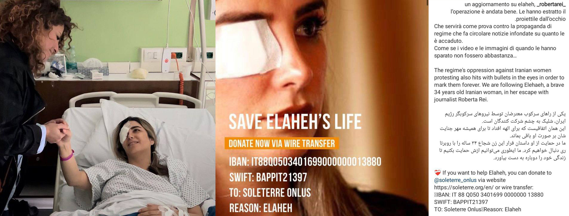 دیمەنێک کە ئیلاهە تەوەکولیان و ڕۆبێرتا ڕەى ڕۆژنامەنووسی ئیتالى بە شێوەى هاوبەش لە ئەنیستاگرام بڵاویان کردەوە، لەسەریان نووسیوە: • "یەکێک لە ڕێگەکانى سەرکوتى خۆپێشاندەران لە لایەن هێزە بەکرێگیراوەکانى کۆمارى ئاخوندى، تەقەکردن لە چاوى بەشداربووانى ڕاپەرینەکانە." • ئەمە هەمان ئەو ڕووداوەیە کە بۆ ئیلاهە ڕووى تا تا بۆ هەمیشە مۆرى تاوانەکەیان لەسەر ڕووخسارى بمێنێتەوە. • ئێمە وەک پشتیوانى ئەو، چیرۆکى هەڵاتنى ئەمە ژنە بوێرە ٣٤ ساڵەیە لەگەڵ ڕۆبێرتا ڕەى درێژە پێ دەدەین. • ئێمە بەم شێوەیە دەتوانین پشتیوانى بکەی