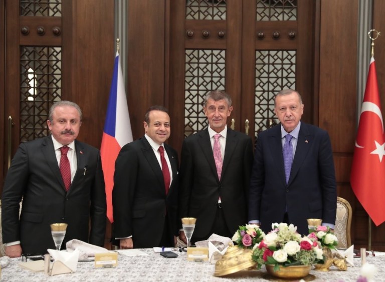 From left: Turkish Parliament Speaker Mustafa Sentop, Egemen Bağış, Babiš and Erdoğan. 