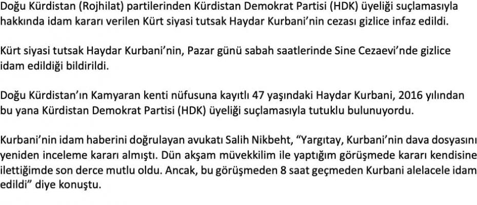 İran, Kürt siyasi tutukluyu idam etti 